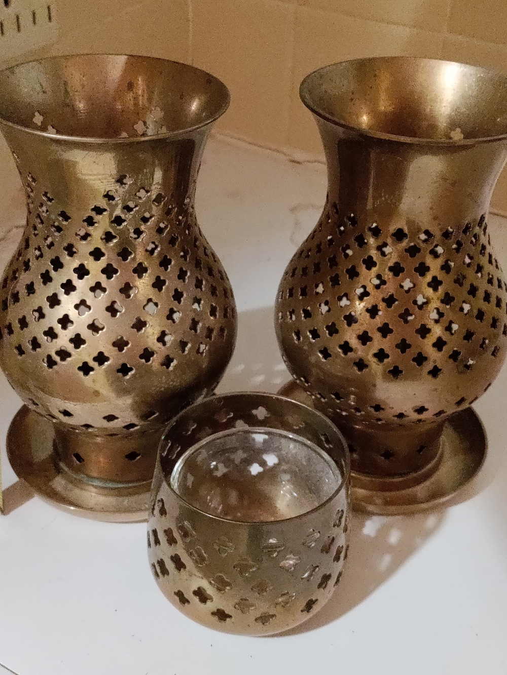 Vintage Brass Candle Holders Hurricane And Votive Set